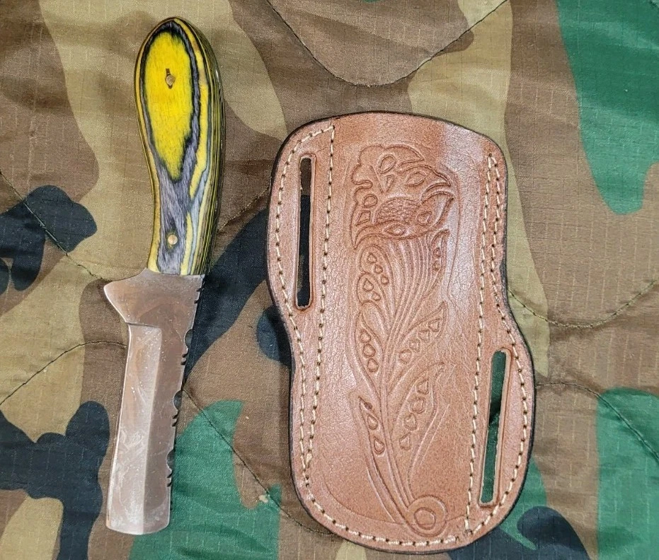 Cuchillo cortador de toros de 2,5 pulgadas con funda de cuero de columna de lujo y amarillo y gris... Foto 1 de 4