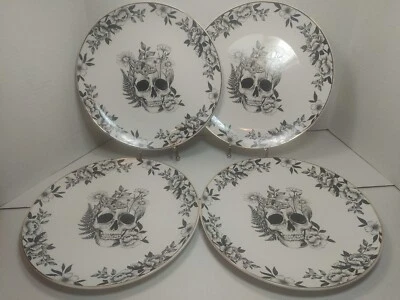 Halloween Gothic Skull Face Roses & Gold Trim  10.5" Dinner Plates Eaton  4 Set - Image 1 of 4