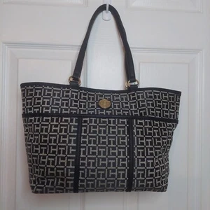Tommy Hilfiger Black White Signature Jacquard Canvas Tote Shoulder Bag Preppy - Picture 1 of 14
