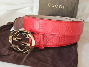 Classic Gucci Red Leather Belt Gold GG Authentic Size 36-38 105cm - Picture 1 of 13