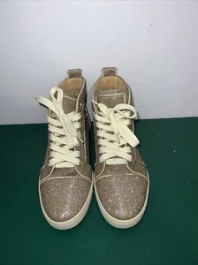 Christian Louboutin Gold Metallic Textured Lace High Top Sneaker Size 38 1/2 8US - Picture 1 of 9