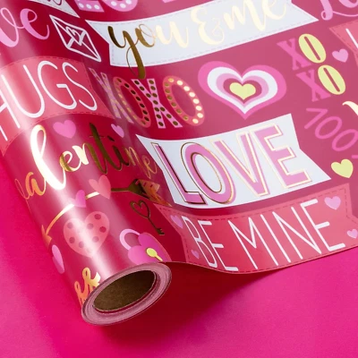 Valentine'S LOVE Wrapping Paper Roll - Pink Metallic Foil with LOVE Lettering & - Image 1 of 4