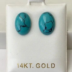 Solid  14K Yellow Gold  Natural Turquoise Oval Cabochon  Stud Earrings  NEW - Picture 1 of 8