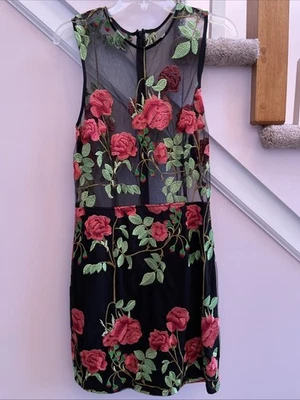 Vestido de festa de férias sexy preto malha vermelho bordado rosas equivocado tamanho 10 - Imagem 1 de 4