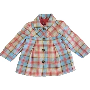 Cherokee Girls Plaid Dress Coat 2T Toddler Blue Pink Button Front - Picture 1 of 6