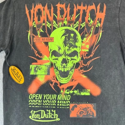 Von Dutch Graphic T-Shirt Skull new with tags Black Wash Large pinstriping Paint - Image 1 of 4