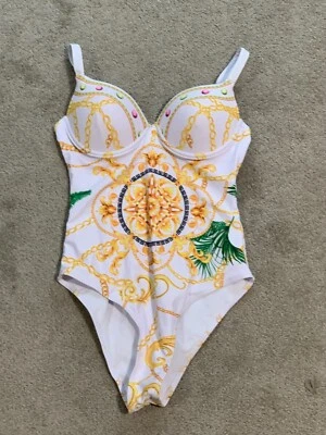 Traje de baño de una pieza con estampado de cadena de oro blanco conjunto de 2 piezas con cubierta para mujer talla pequeña Foto 1 de 4