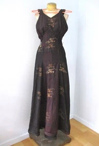 Vtg Edwardian 1910s black evening gown dress embroidered flowers puddle hem XS - Picture 1 of 8