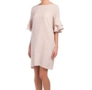 Francesca Bettini Womens Linen Dress Size S Beige Shift Italian Ruffle Beachy - Picture 1 of 18