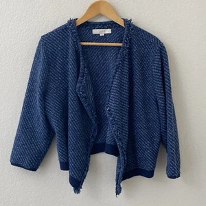 LOFT Sweater Cardigan Size Large Blue Open Front Fringe 3/4 Sleeve - Bild 1 von 4