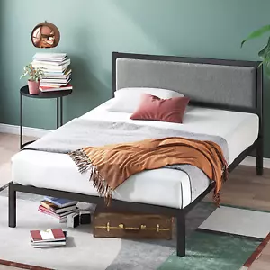 Korey Metal Platform Bed Frame with Upholstered Headboard, Wood Slat Support, No - Picture 1 of 11