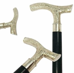 Vintage Solid Silver Brass Handle Antique Victorian Cane Wooden Walking Stick - Picture 1 of 3