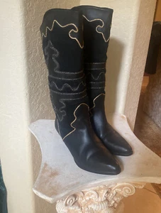 Pazzo Black Leather Suede Boots with Gold Embroidered Western Women Size 7.5M - Picture 1 of 15