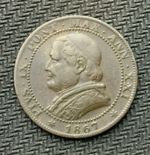 1867 Italian Papal States Un Soldo Coin XF  Small Date  Condition Rarity  #C1185