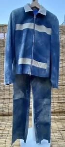 Vintage 90s 70s Blue Denim Cream Jean Leather Trouser Suit Jacket Co Ord - Picture 1 of 8