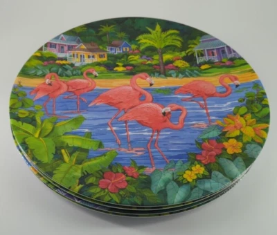 Sakura Evolution Melamine DINNER PLATES Pink Flamingo Tropical 11" Lot of 4 - Image 1 of 4
