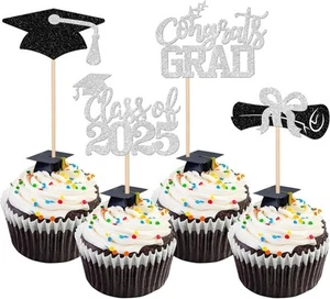24 PCS 2025 Graduation Cupcake Toppers Glitter Class of 2025 Design 1 Silver  - Picture 1 of 7