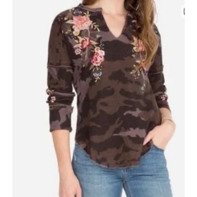 Johnny Was Marcella LG Camuflaje Térmico Manga Larga Bordado Floral Top Informal Foto 1 de 4