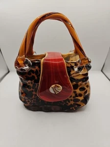 Tortoiseshell Hand-Blown Glass Vase Shaped Like A Purse W/ Handles-Murano Style - Picture 1 of 19