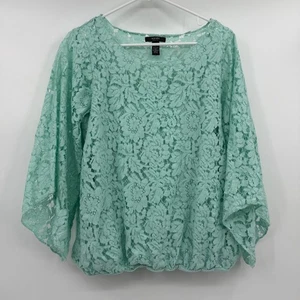 Alfani Top Women 1X Aqua Crochet Lace Bell Sleeves Boho Fairy Peasant Cottage - Picture 1 of 14