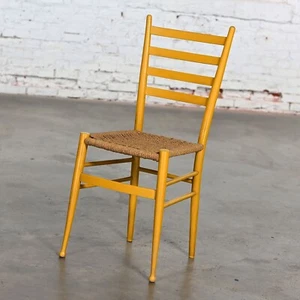 Italienischer Vintage Gio Ponti Stil gelb Leiterlehne Beistellstuhl geflochten Seegras Sitz - Bild 1 von 21