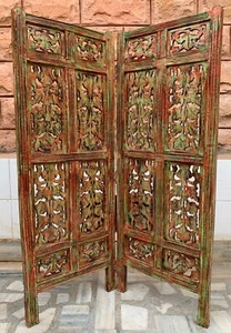 Indian wooden divider 2 panel vintage privacy folding screen carved room divider - Picture 1 of 16
