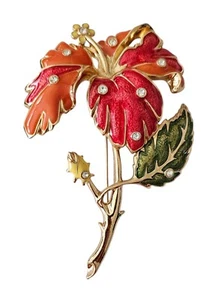 Barrera For Avon Hibiscus Brooch Enamel Rhinestone Statement Pin Signed L564 - Picture 1 of 12