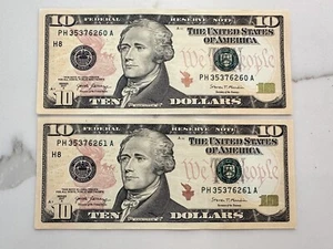 Lot Of 2 Series 2017A $10 Dollar Bills Federal Reserve Note Consecutive - Picture 1 of 2