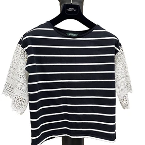 LAUREN RALPH LAUREN Navy Blue Jersey Striped Top With Lace Sleeves Size XS B40” - Picture 1 of 4