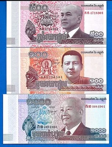Cambodia 100, 500, 1000 Riels Uncirculated Banknotes Set # 10 - Picture 1 of 2