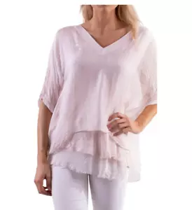 GIGI MODA DIANA ROSA BORDO GREZZO SCOLLO A V SETA CAFTANO TOP BLUSA FODERA JERSEY O/S - Foto 1 di 1