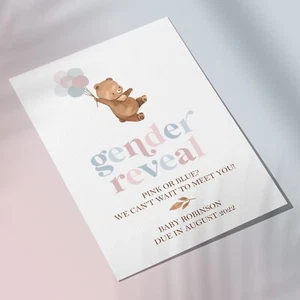 Poster Cartello di Benvenuto Rivela Genere con Palloncini Rosa e Blu Orso (BE6) - Foto 1 di 2