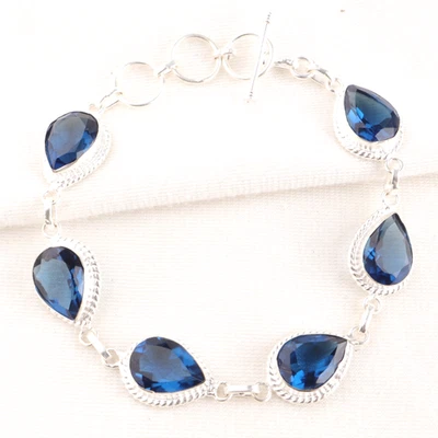 Pulsera de joyería hecha a mano de plata de ley 925 con piedras preciosas de topacio azul de Londres de 8" Foto 1 de 4