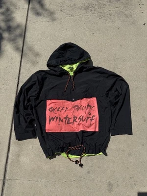 Vintage 1980s Ocean Pacific OP Black Neon Winter Surf Windbreaker Jacket Large  - Image 1 of 4