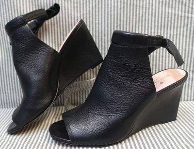 KATE SPADE BLACK LEATHER PEEP TOE ANKLE STRAP WITH BOW WEDGE DRESS SHOES 9M - Image 1 of 4