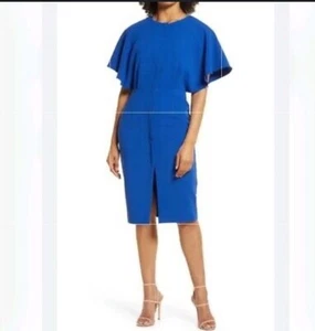 Black Halo Blue Sheath Dress size 6 Flutter Sleeve Fitted Stretch Crepe Holland - Picture 1 of 10