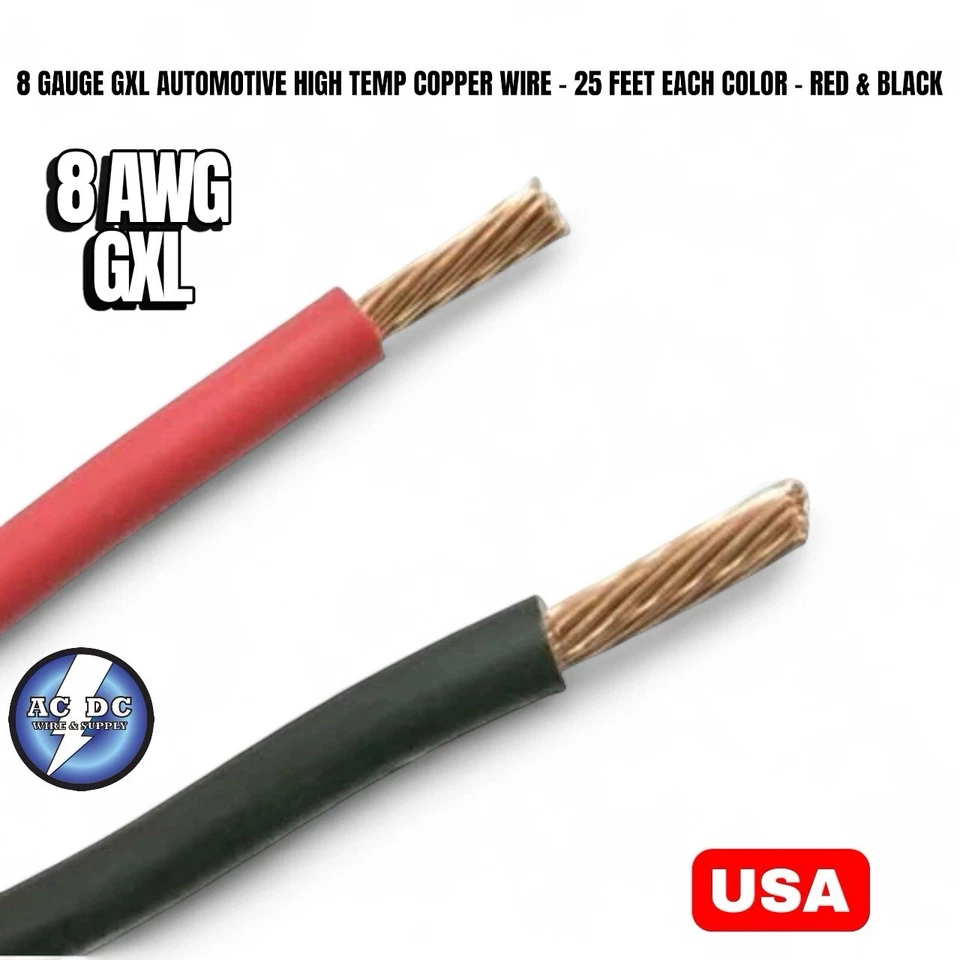 ALAMBRE DE COBRE NEGRO Y ROJO CALIBRE 8 GXL AUTOMOTRIZ ALTA TEMPERATURA - 25 PIES CADA COLOR  Foto 1 de 1