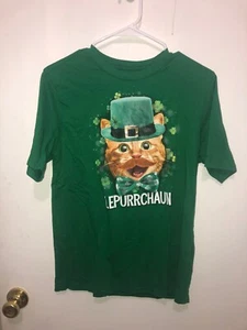 St Patricks Day Tee Boys Girls SZ XXL Lepurrchaun Cat Kitty Bowtie Shamrock - Picture 1 of 3