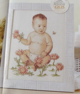 Cross Stitch Chart - Adorable Baby Wearing Nappy Sat Among Daisy Flowers Sampler - Picture 1 of 1