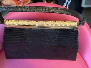 BOLSO DE MANO DE NOCHE NEGRO DE COLECCIÓN - Cuero estilo reptil negro - Imagen 1 de 6
