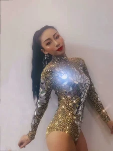 Sängerin Tänzerin Show Performance Kostüm Gold Strass Spiegel Body Damen - Bild 1 von 15