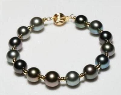 7.5-8" Stunning AAA+ 10-11mm real natural tahitian black pearl bracelet 14k Gold - Image 1 of 4