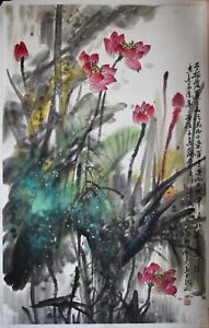 Lin Kai Liang Signed Chinese School Ink & Watercolor Painting-Pink Lotus Flowers