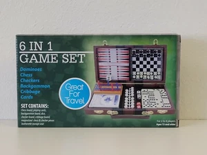 NUEVO JUEGO 6 en 1 Juego Dominoes Damas de Ajedrez Backgammon Cribbage con Estuche de Viaje - Imagen 1 de 5