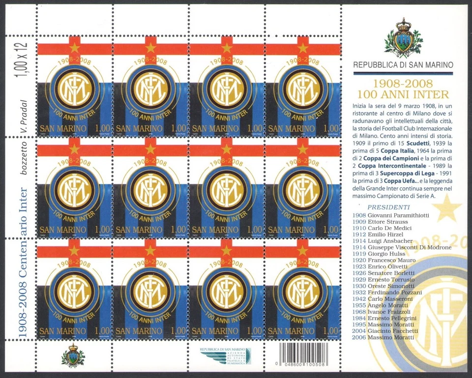 San Marino 2008, Inter Foundation Centenario, mini hoja de 12 pisos - MNH** Foto 1 de 1