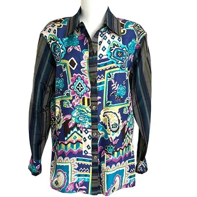 Camisa De Colección Kooose Of Course 100% Seda Botón Frontal M Paisley Rayas Años 80  Foto 1 de 4