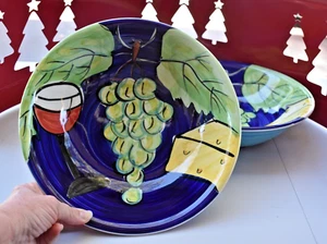 1 ~ ITALIAN POTTERY BASIQ Pasta Serving Bowl Hand Painted Grapes Wine Cheese - Picture 1 of 5