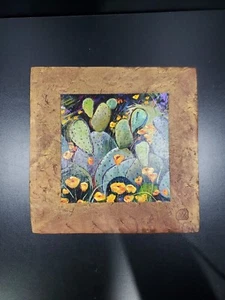 Kenarov Art Company Cactus And Poppies Print On A Teracotta Tile - Picture 1 of 7