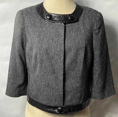 Worthington Womens Petite jacket Sz S Grey Faux Leather Black Patent Trim - Image 1 of 4