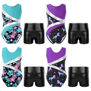 Kids Girls Rompers Round Neck Bodysuit Competition Leotard And Shorts Stage - Picture 1 of 26